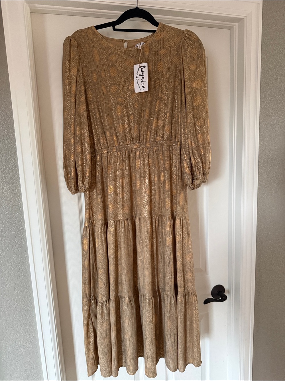 TCEC Golden Brown Snakeskin Tiered Long Sleeve Midi Dress